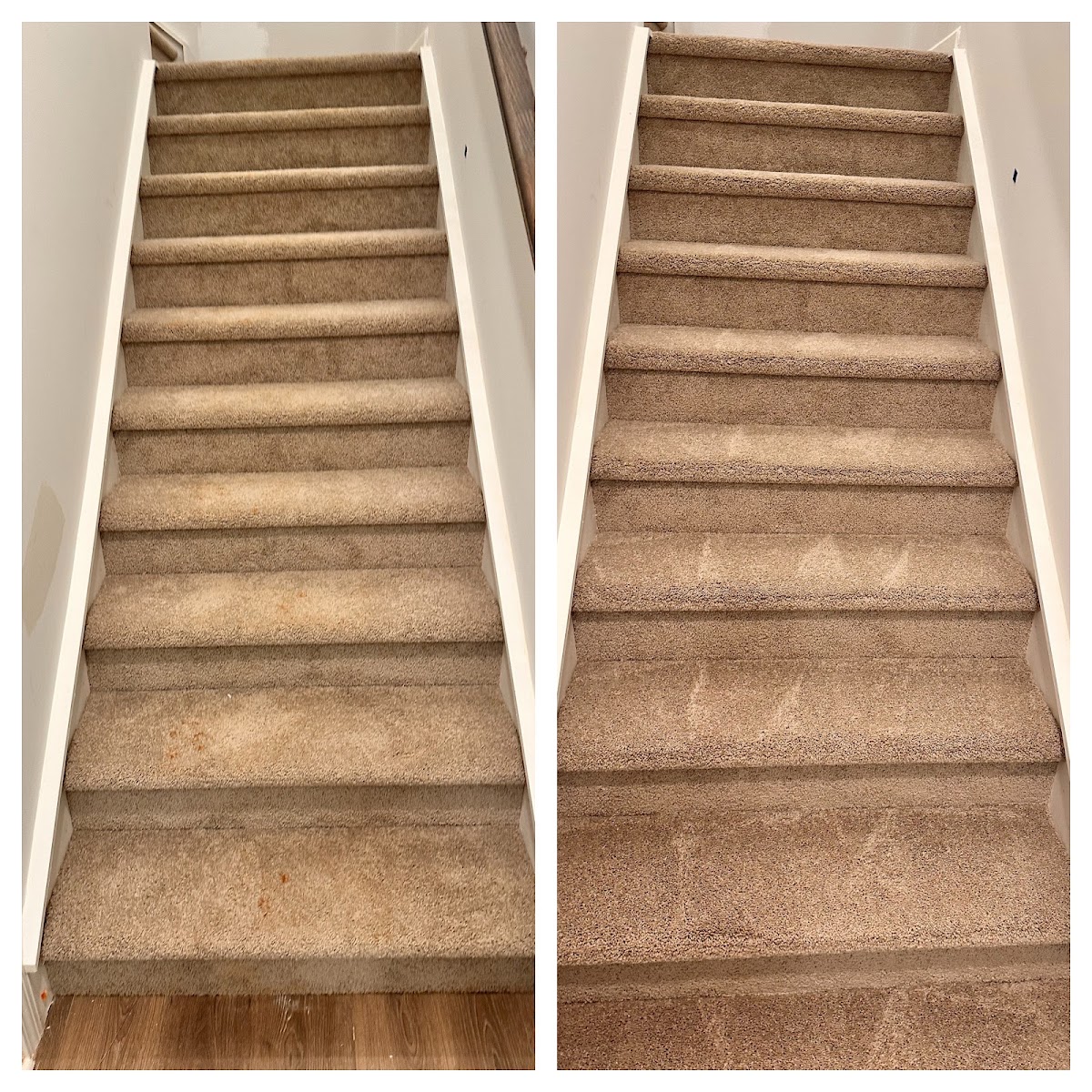 Carpeted staircase before and after professional cleaning